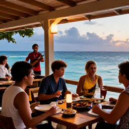 Caribbean Holidays, Caribbean Island Hopping, Travellers dining at an open-air Caribbean restaurant beside the sea, with local dishes, music and warm evening light