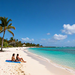 Caribbean Holidays, Caribbean Island Hopping, Travellers relaxing on a sunny Caribbean beach beside clear turquoise water and palm trees