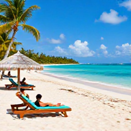 Caribbean Holidays, Caribbean Island Hopping, Travellers relaxing on a white-sand Caribbean beach in July, turquoise sea, shaded sun loungers and tropical vegetation