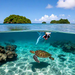 Caribbean Holidays, Caribbean Island Hopping, Travellers snorkelling in clear Tobago Cays water beside a sea turtle, with coral reefs and uninhabited green islands in the background