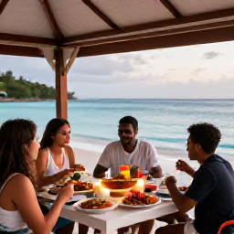 Caribbean Holidays, Caribbean Island Hopping, Visitors relaxing at a Caribbean beach restaurant in July, with colourful local food, calm sea and soft evening light