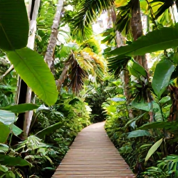 Caribbean Holidays, Caribbean January, A lush Caribbean rainforest trail with broad green leaves, tall trees, filtered sunlight and a wooden footbridge