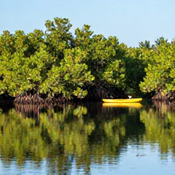 Caribbean Holidays, Caribbean January, A peaceful Caribbean wetland with mangrove trees, a small kayak and wading birds reflected in still water