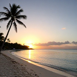 Caribbean Holidays, Caribbean January, A quiet Caribbean beach at sunrise in January, with calm turquoise water, soft golden light and palm trees