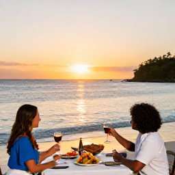 Caribbean Holidays, Caribbean January Escape, Couple enjoying a sunset dinner beside the Caribbean sea, colourful local dishes and soft evening light on a small island