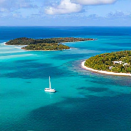 Caribbean Holidays, Caribbean January Tours, Aerial photograph of turquoise Caribbean sea, lush islands and a small sailing boat travelling between them in bright January sunshine