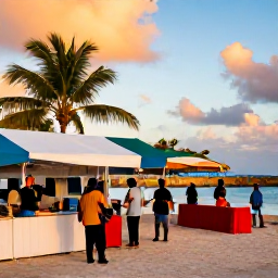 Caribbean Holidays, Caribbean January Tours, Colourful Caribbean waterfront with local market stalls, musicians and visitors enjoying warm evening light