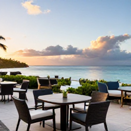 Caribbean Holidays, Caribbean January Tours, Comfortable Caribbean resort terrace overlooking a calm bay at sunset, with neatly arranged outdoor seating