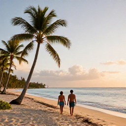 Caribbean Holidays, Caribbean January Tours, Relaxed couple walking along a golden Caribbean beach at sunrise, with palm trees and calm blue water