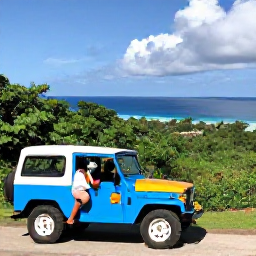 Caribbean Holidays, Caribbean Jeep Safaris, Friendly local guide leading holidaymakers beside a colourful Caribbean jeep at a forest viewpoint overlooking the sea