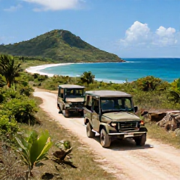 Caribbean Holidays, Caribbean Jeep Safaris, Open-top 4x4 jeep driving along a rugged Caribbean coastal track with turquoise sea, green hills and bright tropical sunlight