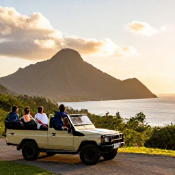Caribbean Holidays, Caribbean Jeep Safaris, Small group of travellers enjoying a sunset viewpoint from a Caribbean jeep safari, with warm light over mountains and coastline