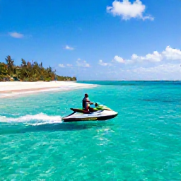 Caribbean Holidays, Caribbean Jet Skiing, A traveller riding a jet ski across clear turquoise Caribbean water beside a bright sandy beach, sunny holiday atmosphere
