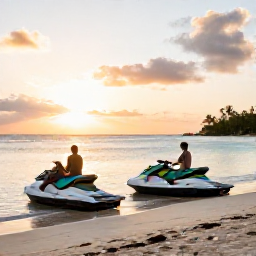 Caribbean Holidays, Caribbean Jet Skiing, Couple relaxing on a Caribbean beach after jet skiing, with two jet skis resting near the shoreline and a golden sunset
