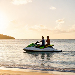 Caribbean Holidays, Caribbean Jet Skiing, Couple riding a jet ski in calm Caribbean water near a sandy beach at golden afternoon light