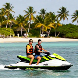 Caribbean Holidays, Caribbean Jet Skiing, Couple wearing life jackets preparing to ride a jet ski at a Caribbean watersports centre, tropical beach and palm trees in the background
