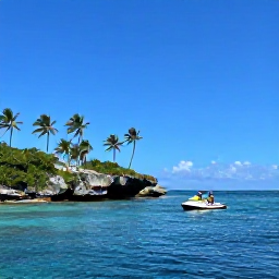 Caribbean Holidays, Caribbean Jet Skiing, Guided jet ski tour passing a secluded Caribbean cove, palm trees, rocky coastline and calm blue sea under a clear sky