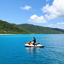 Caribbean Holidays, Caribbean Jet Skiing, Guided jet skiing excursion passing a Caribbean island coastline with bright blue sea and green hills