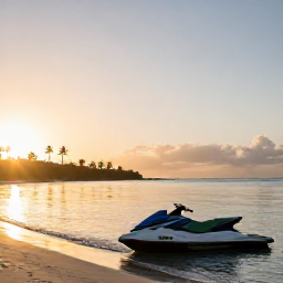 Caribbean Holidays, Caribbean Jet Skiing, Jet ski resting near a quiet Caribbean beach at golden hour, calm sea, palm silhouettes and warm evening light