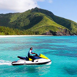 Caribbean Holidays, Caribbean Jet Skiing, Jet ski travelling along a sheltered Caribbean bay near green hills, coral reefs and a secluded beach