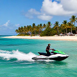 Caribbean Holidays, Caribbean Jet Skiing, Jet skier speeding across clear turquoise Caribbean water beside a bright sandy beach and palm trees