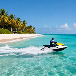 Caribbean Holidays, Caribbean Jet Skiing, Jet skier speeding across clear turquoise Caribbean water beside a palm-fringed tropical beach
