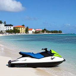 Caribbean Holidays, Caribbean Jet Skiing, Jet skis resting on a Caribbean beach beside calm turquoise sea and colourful tropical buildings