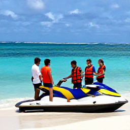 Caribbean Holidays, Caribbean Jet Skiing, Small group of holidaymakers receiving a jet ski safety briefing on a Caribbean beach, with turquoise sea behind them