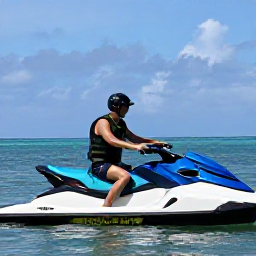 Caribbean Holidays, Caribbean Jet Skiing, Tourist wearing a life jacket and helmet riding a jet ski safely on calm Caribbean water under bright sunshine