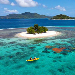 Caribbean Holidays, Caribbean Kayaking, A couple in kayaks passing a small Caribbean island and colourful reef in transparent water, with green hills in the distance