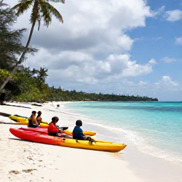 Caribbean Holidays, Caribbean Kayaking, A friendly guided kayaking group resting beside a quiet Caribbean beach with kayaks on the sand, tropical sea and relaxed holiday atmosphere