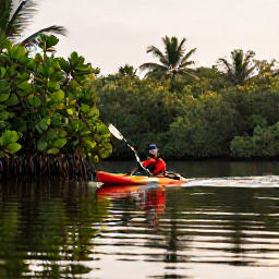 Caribbean Holidays, Caribbean Kayaking, A kayaker gliding through a Caribbean mangrove lagoon with reflections on the water, tropical plants and soft morning light