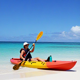 Caribbean Holidays, Caribbean Kayaking, A relaxed kayaker wearing a life jacket beside a kayak on a Caribbean beach, with paddle, water bottle and sunny blue sea