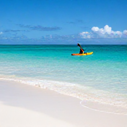 Caribbean Holidays, Caribbean Kayaking, A sea kayaker paddling across clear turquoise Caribbean water beside a quiet white-sand beach, bright tropical sunshine