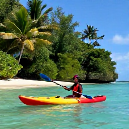 Caribbean Holidays, Caribbean Kayaking, A traveller kayaking through calm turquoise Caribbean water beside a lush tropical coastline, bright daylight and realistic holiday photography