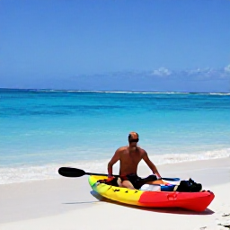 Caribbean Holidays, Caribbean Kayaking, Friendly Caribbean kayaking guide preparing equipment on a sandy beach beside bright blue sea