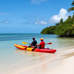 Caribbean Holidays, Caribbean Kayaking, Guided kayakers paddling through calm Caribbean shallows near mangroves and a sandy beach, with a knowledgeable local guide