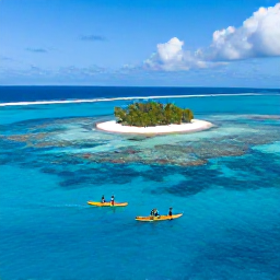 Caribbean Holidays, Caribbean Kayaking, Sea kayakers passing a small Caribbean island with coral reefs visible through transparent blue water