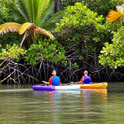 Caribbean Holidays, Caribbean Kayaking, Two kayakers exploring a peaceful mangrove lagoon in the Caribbean, with roots, tropical birds and sunlight on the water