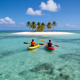 Caribbean Holidays, Caribbean Kayaking, Two people paddling kayaks across clear shallow water towards a small Caribbean island, white sand beach and palm trees in the background