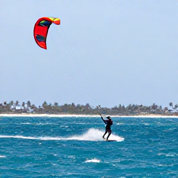 Caribbean Holidays, Caribbean Kiteboarding, Experienced kiteboarder making a smooth jump over sparkling blue sea with palm trees and a Caribbean shoreline in the background