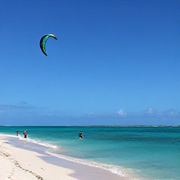 Caribbean Holidays, Caribbean Kiteboarding, Kiteboarder gliding across clear turquoise Caribbean water beside a sandy beach under bright sunshine