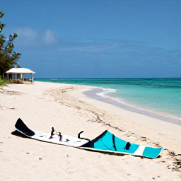 Caribbean Holidays, Caribbean Kiteboarding, Relaxed Caribbean beach scene with kiteboarding equipment resting on pale sand, calm turquoise sea and a small beach caf&eacute;