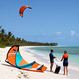 Caribbean Holidays, Caribbean Kitesurfing, Friendly kitesurfing instructor teaching a beginner on a calm Caribbean beach, colourful kite equipment on the sand and palm trees in the background