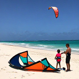 Caribbean Holidays, Caribbean Kitesurfing, Friendly kitesurfing instructor teaching a beginner on a Caribbean beach, with kite equipment laid out on the sand