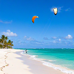 Caribbean Holidays, Caribbean Kitesurfing, Kitesurfer gliding across clear turquoise Caribbean water beside a bright sandy beach, with palm trees and a blue sky