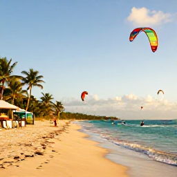 Caribbean Holidays, Caribbean Kitesurfing, Kitesurfing holiday scene on a Caribbean beach with several riders on the water, palm trees, beach caf&eacute; and golden afternoon sunlight