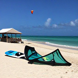 Caribbean Holidays, Caribbean Kitesurfing, Relaxed Caribbean beach after a kitesurfing session, board and kite resting on pale sand beside turquoise sea and a small local beach caf&eacute;