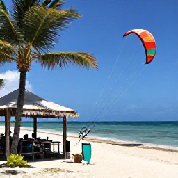 Caribbean Holidays, Caribbean Kitesurfing, Relaxed Caribbean beach scene with kitesurfing gear, beach caf&eacute;, palm trees and calm turquoise sea