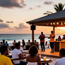 Caribbean Holidays, Caribbean Live Music, A lively Caribbean beachfront bar at sunset with local musicians performing on a small outdoor stage, relaxed holiday visitors enjoying drinks and the sea view